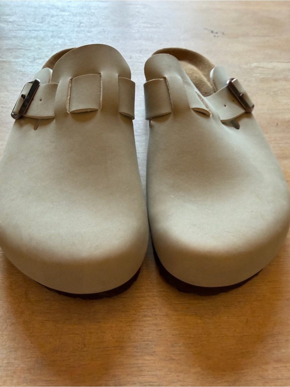 Women’s Slip-On Mule Clogs in Neutral Tan with Buckle
